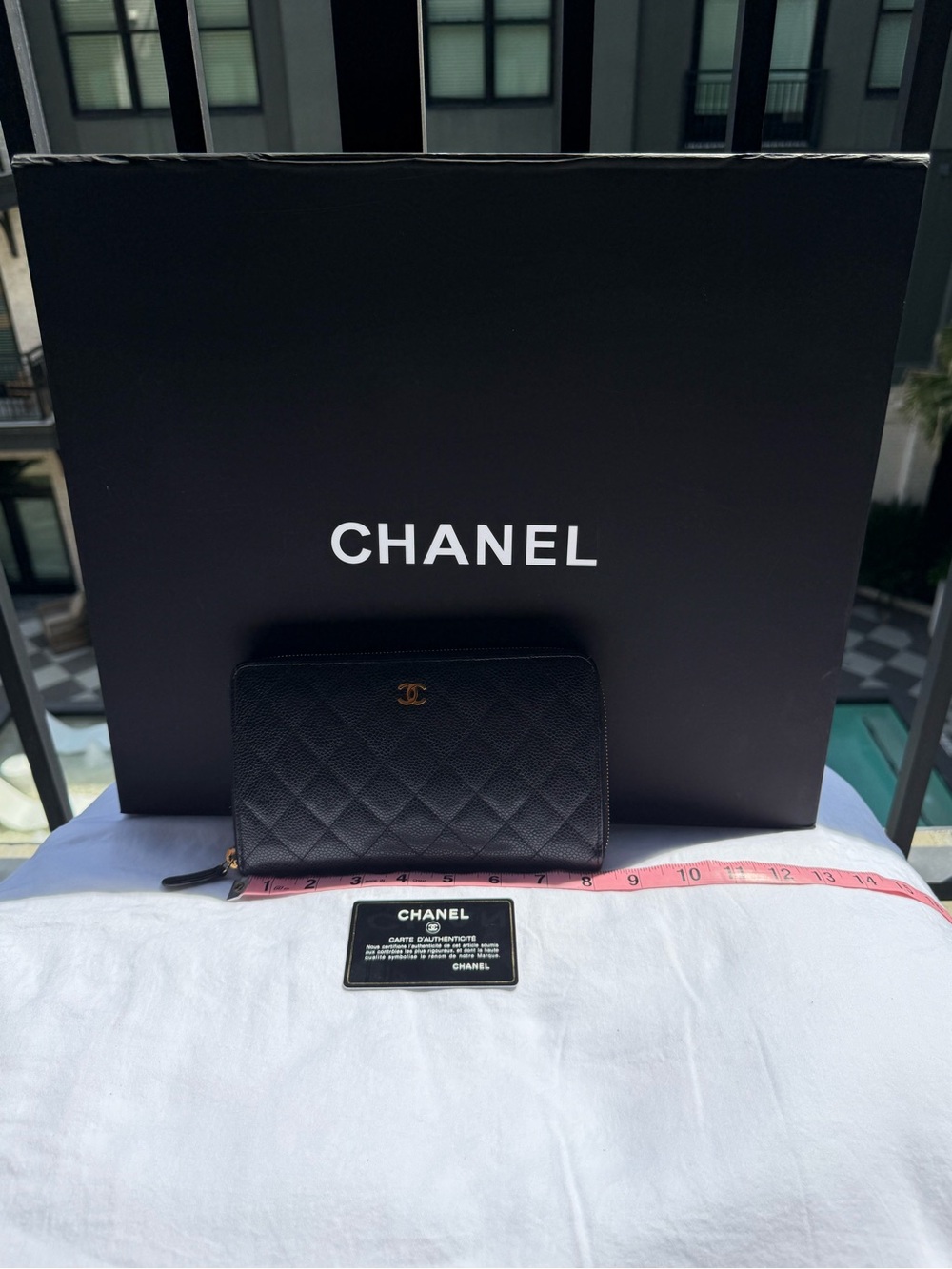 CHANEL Dark Brown Leather Card Wallet with Gold Zip